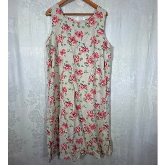 Christopher Banks Tank Dress 14 Tan Pink Floral Linen Blend Side Slit Midi - Picture 1 of 7